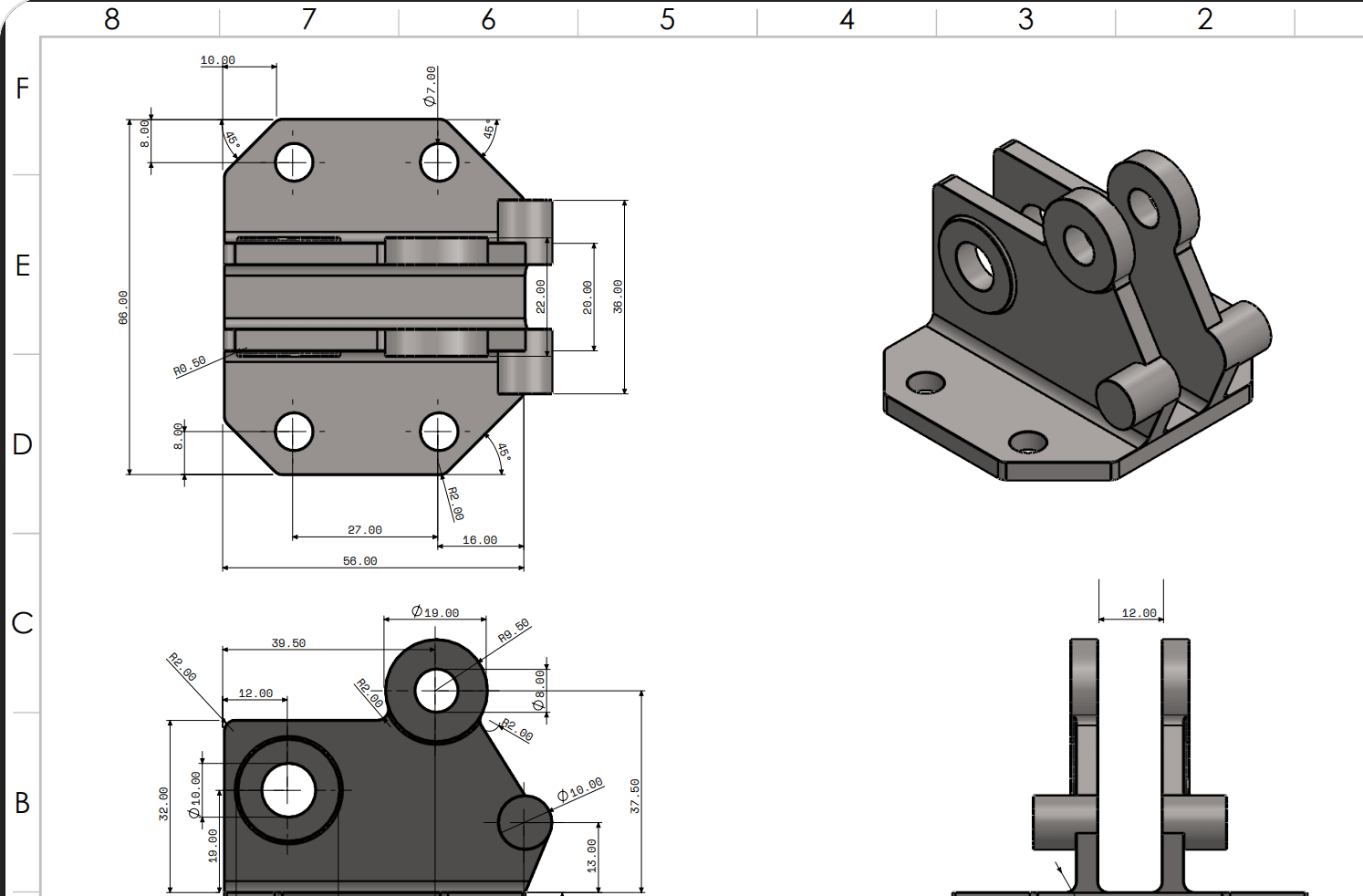 Engineering drawing — section, isometric and detail views of a bracket